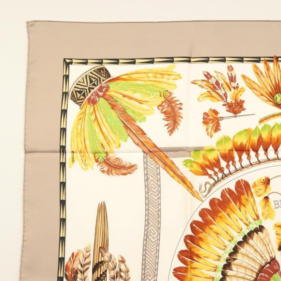 HERMES Carre 90 Scarf ""BRAZIL"" Silk Beige Auth am9005 - Picture 2 of 14